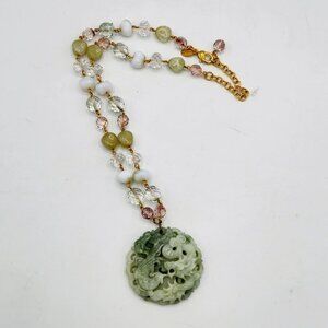 Vtg Joan Rivers Carved Faux Jade Koi Fish & Dragon Quartz Pendant Necklace